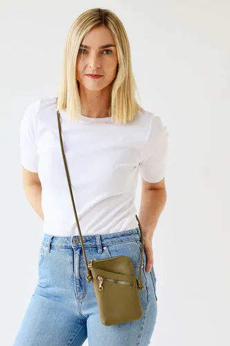 Model wearing Olive Green Long Cross Body Shoulder Strap Bag By Archer House Available at Beetees Nelson